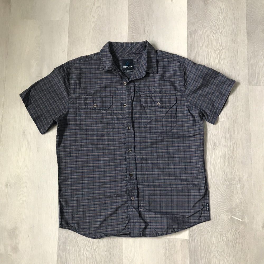 PRANA CAMP SHIRT BLUE PLAID CHECK BUTTON SHORT SLEEVE MENS M